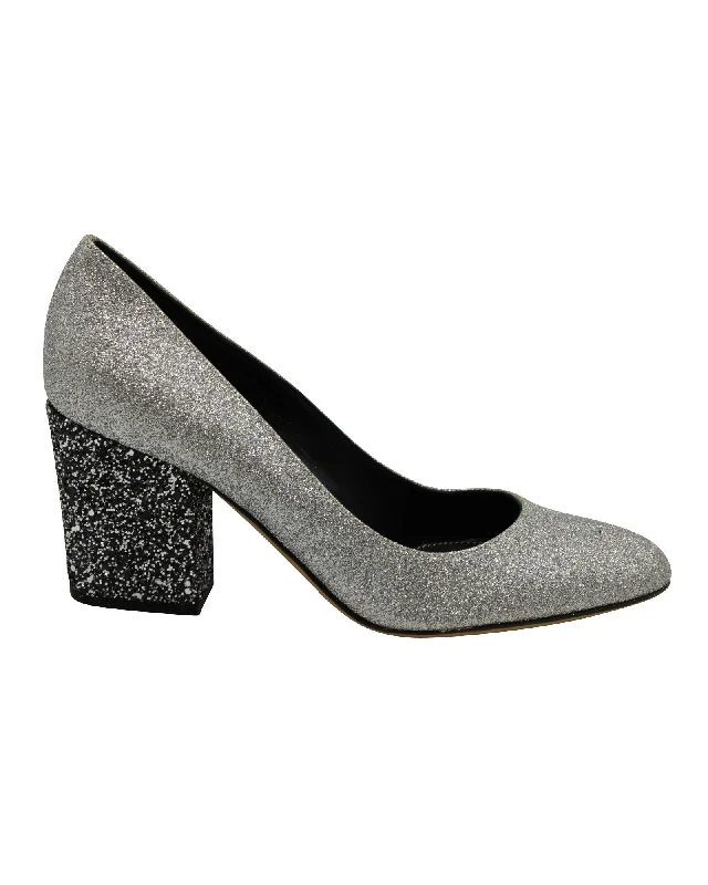 Sergio Rossi Glitter Pumps in Silver Leather---Trendy Glitter Heels for a Glamorous Look