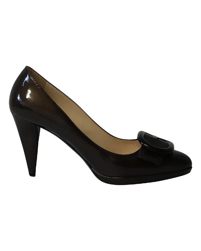 Sleek and Shiny Patent Pump Heels for a Polished Look--Prada Buckle Embellished Pumps in Brown Patent Leather