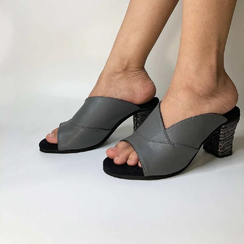 Trendy Chunky Heel Pumps for Casual Wear--Peep-Toe Mules for Women | Block Heels | Cactus Leather | Grey