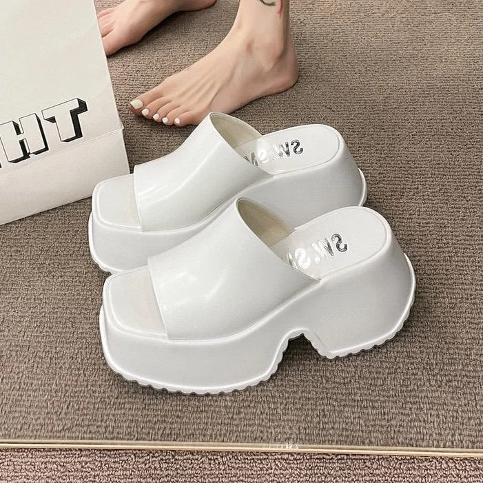 Retro Platform Slides for Women, Stylish Heeled Slippers, White Glossy Creeper Heels, Pink Peep Toe Platform Pumps, Square Toe Shoes---Durable Square Toe Block Heels for Everyday Use