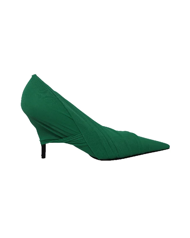 Versatile Heeled Sandals for Any Occasion---Balenciaga Draped Knife Pumps in Green Nylon