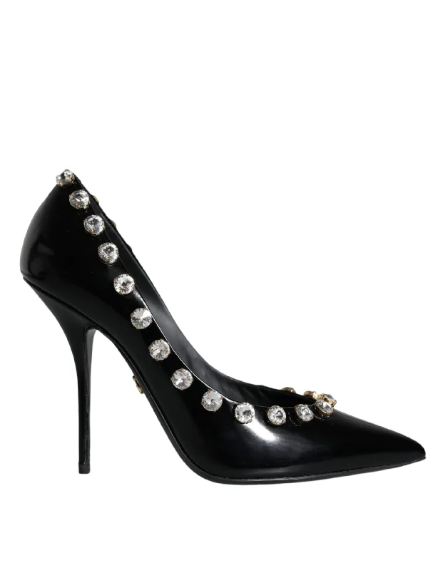 Dolce & Gabbana Black Crystals Leather High Heels Pumps Shoes---Comfortable Leather Pumps for Office and Everyday Wear