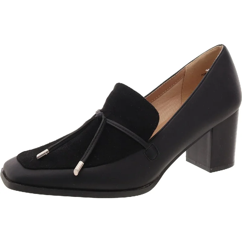 Womens Faux Leather Square Toe Loafer Heels---Durable Square Toe Block Heels for Everyday Use