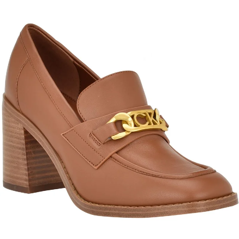 Trendy Chunky Heel Pumps for Casual Wear--Calvin Klein Womens Roberte Faux Leather Embellished Logo Loafer Heels