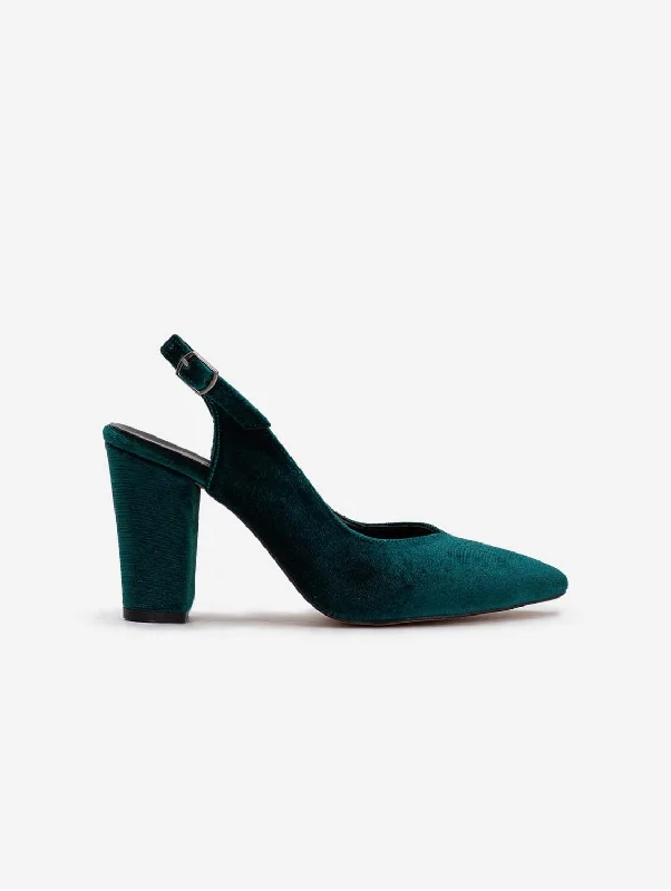 Luxurious Velvet Women's Pumps with Soft Finish---Emma Vegan Velvet Slingback High Heels | Green