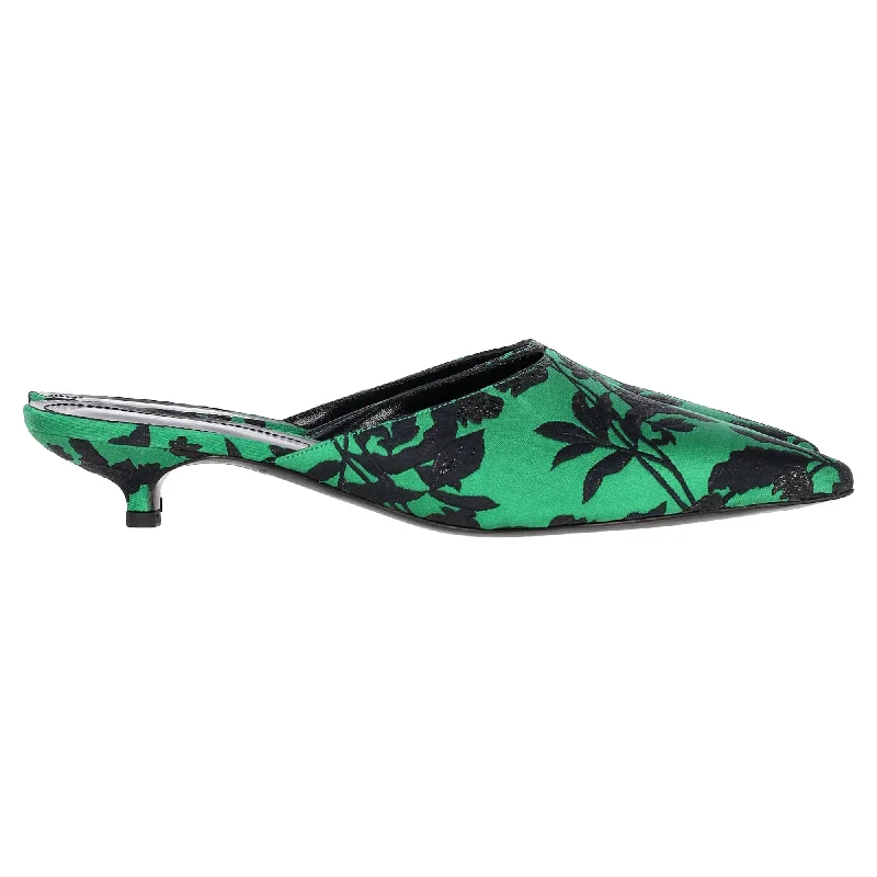 Erdem Kitten Heel Mules in Green Satin---Fashionable Kitten Heels for Date Night