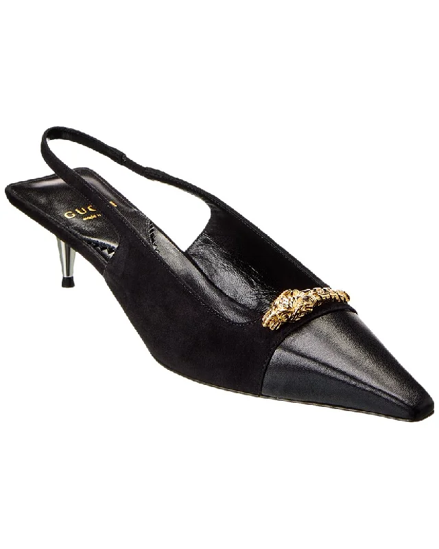 Affordable Suede Ankle Pumps for All-Day Wear--Gucci Tiger Head Leather & Suede Slingback Pump