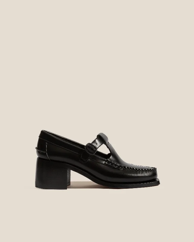 Trendy Chunky Heel Pumps for Casual Wear--ALBER HEELED T-BAR LOAFER / BLACK