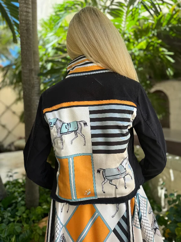 Denim jackets for athletic wear -The Black Denim Jacket / Blue and Black Horse