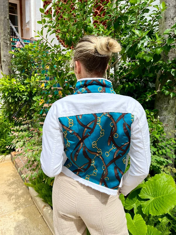 Denim jackets for petite women -The White Denim Jacket / Gold Bits and Straps / Teal Denim jackets for petite women -The White Denim Jacket / Gold Bits and Straps / Teal