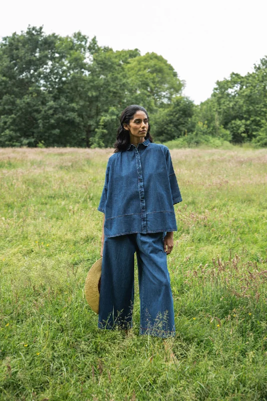 Denim tops with hydration reminder technology- -Lissie-Leigh Organic Cotton Denim Shirt in Mid Blue
