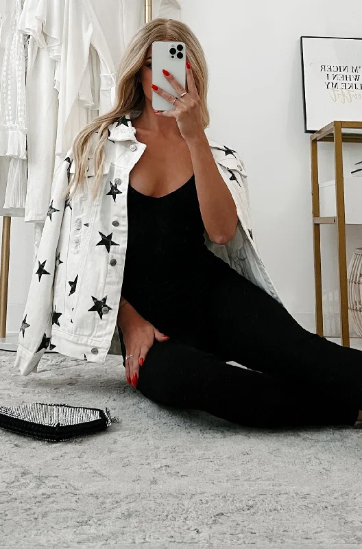 Denim coats for travel and outdoor activities -Reach For The Stars Distressed Denim Star Print Jacket (Off White) Denim coats for travel and outdoor activities -Reach For The Stars Distressed Denim Star Print Jacket (Off White)
