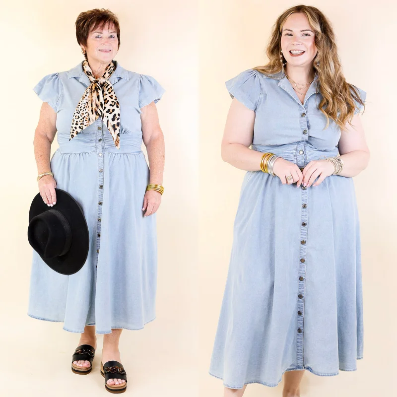 Best denim dresses for apple body shape--Timeless Threads Midi Maxi Dress with Smocked Bodice in Light Wash