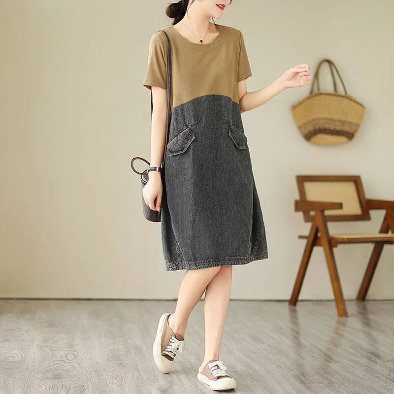 Best denim dresses for inverted triangle--Summer Casual Patchwork Loose A-Line Denim Dress Best denim dresses for inverted triangle--Summer Casual Patchwork Loose A-Line Denim Dress