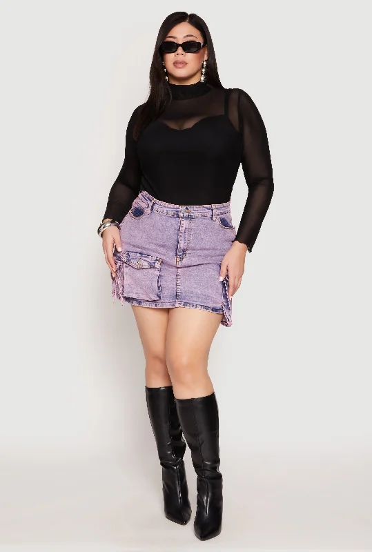 Plus Size Daisy Acid Wash Denim Cargo Skirt