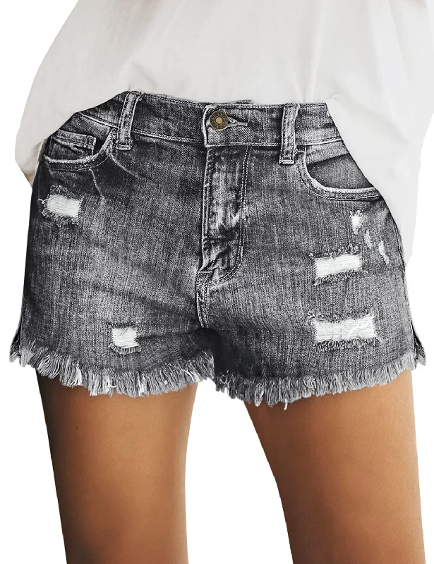Women Summer High Waisted Sewn Cuffed Hem Buttons Denim Jean Shorts