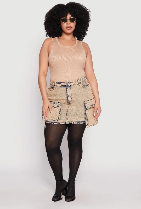 Plus Size Daisy Acid Wash Denim Cargo Skirt
