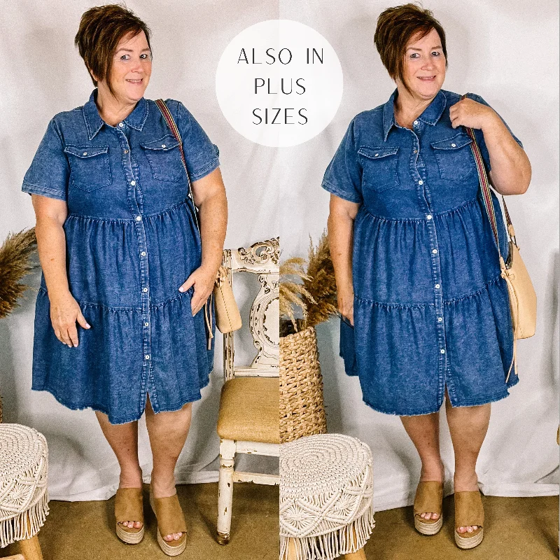 Denim dress with removable collar--Last Chance Size Small & Medium | Still The One Ruffle Tiered Button Up Dress in Dark Wash