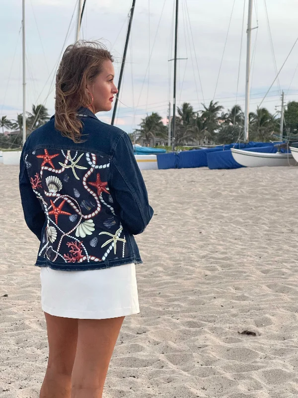 Styling tips for boyfriend denim jackets -The Dark Denim Jacket / Navy Shell and Coral