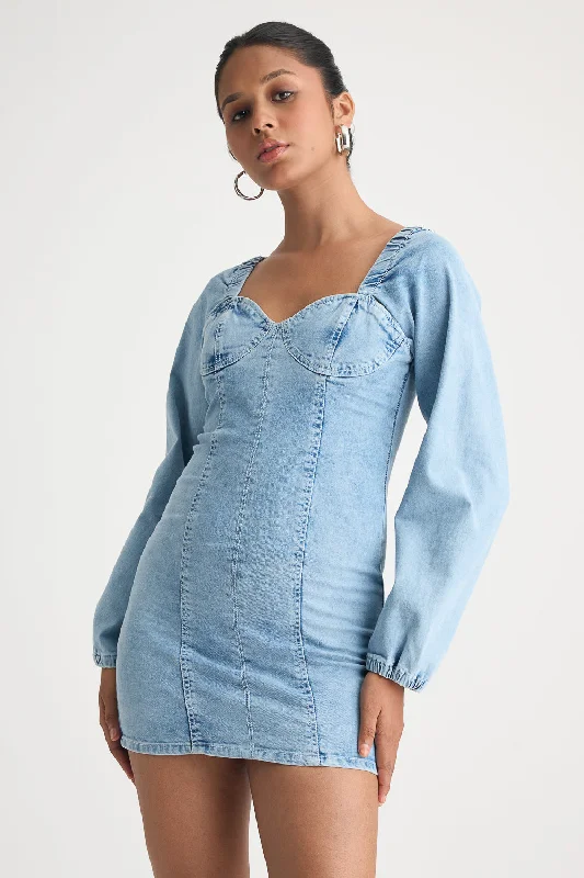 Denim dress with contrast yoke panel--Light Blue Full Sleeve Denim Dress