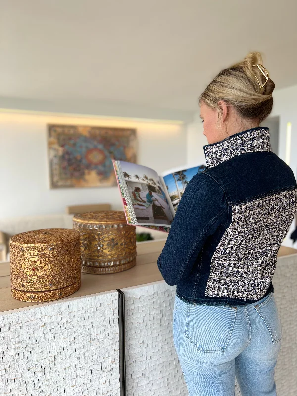 Denim jackets for petite women -The Dark Denim Jacket / Tweed Navy and White