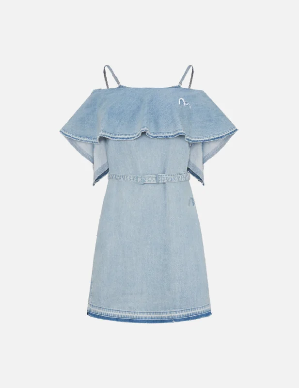 Denim dress with removable patches--Two Way Cold Shoulder Denim Dress