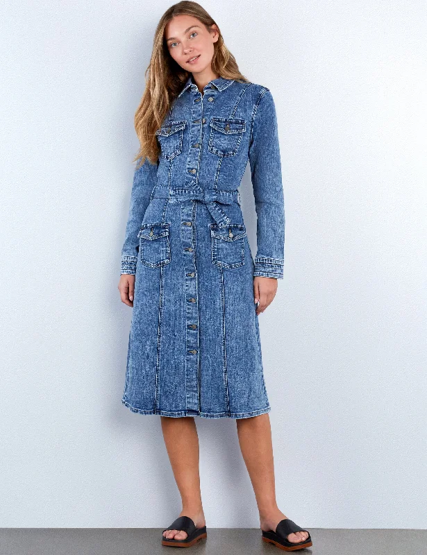 Denim dress with front slit street style--Cargo Denim Dress