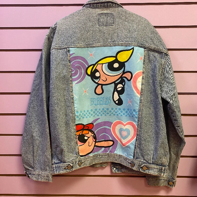 How to style a denim coat for winter -Denim Jacket made with Reworked Duvet Cover.