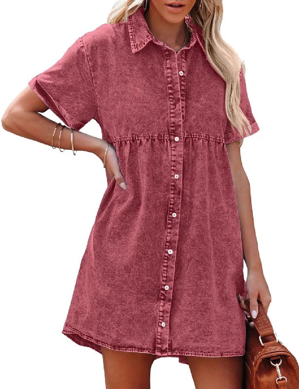 How to style denim dress in spring--Baroque Rose Women's Short Sleeve Button Down Flowy Tiered Babydoll Denim Dress How to style denim dress in spring--Baroque Rose Women's Short Sleeve Button Down Flowy Tiered Babydoll Denim Dress