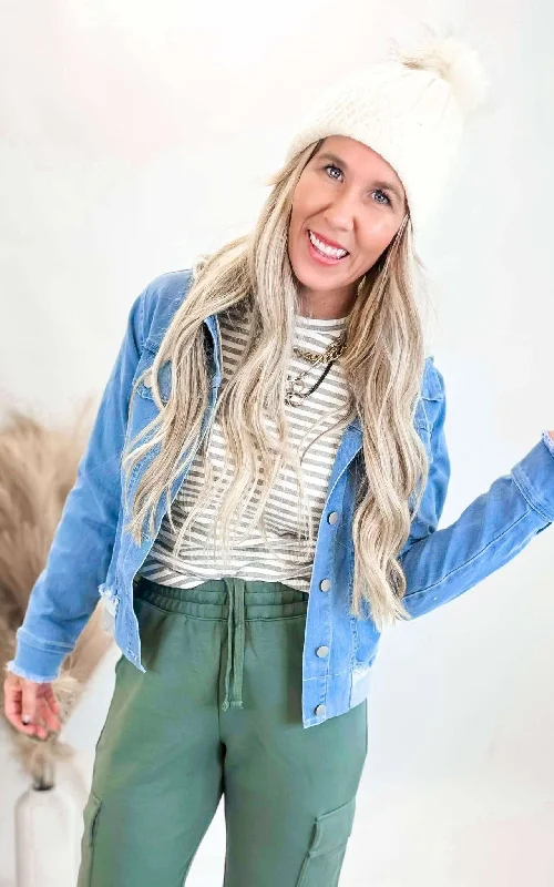 Denim jackets for women over 60 -The Hailey Hoodie Denim Jean Jacket**