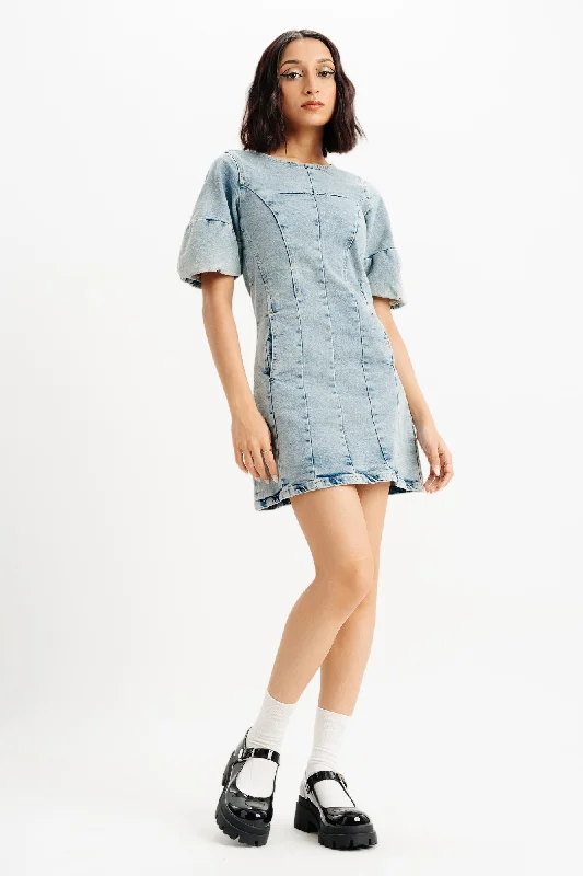 Denim dress with side lace inserts--Puff Sleeve Denim Dress