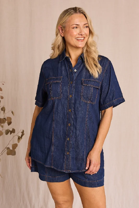 How to style denim tops for AI conferences- -Sam Tencel Short Sleeve Shirt in Dark Wash