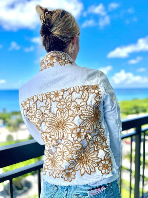 Women's denim jackets with eco-friendly materials -The White Denim Jacket / White Woven Design Women's denim jackets with eco-friendly materials -The White Denim Jacket / White Woven Design