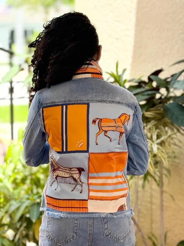 How to care for distressed denim jackets -The Light Denim Jacket / Light Blue with Orange Horse How to care for distressed denim jackets -The Light Denim Jacket / Light Blue with Orange Horse