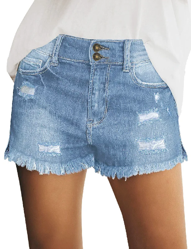 Women's Casual Mid Rise Ripped Denim Shorts Frayed Raw Hem Jeans