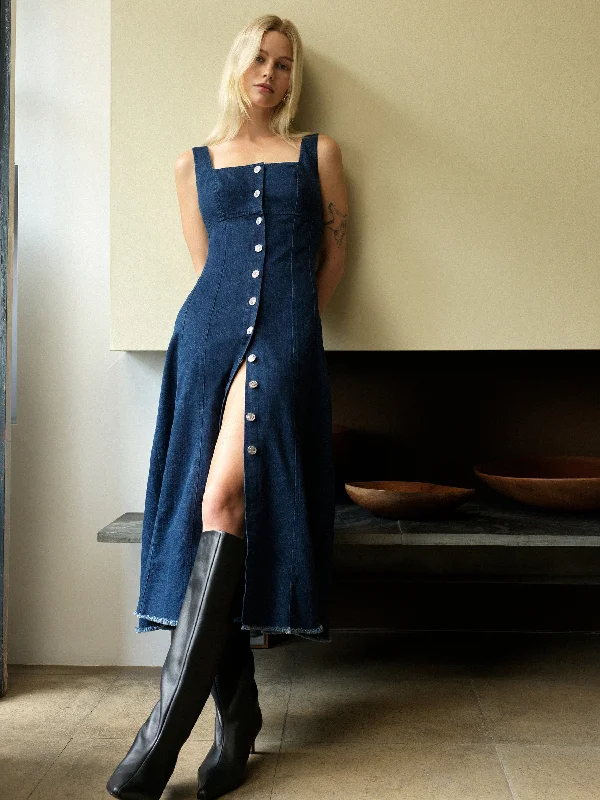 Denim dress with contrast paneling--Arywode Denim Dress