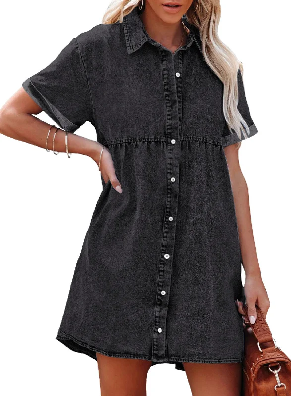 Best denim dresses for cold climates--Vintage Black Women's Short Sleeve Button Down Flowy Tiered Babydoll Denim Dress Best denim dresses for cold climates--Vintage Black Women's Short Sleeve Button Down Flowy Tiered Babydoll Denim Dress