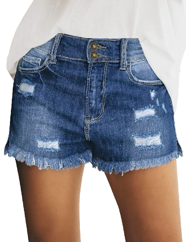 Women Summer High Waisted Sewn Cuffed Hem Buttons Denim Jean Shorts