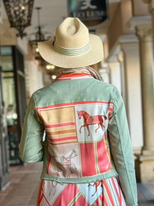 Styling denim jackets for summer -The Tea Leaf Green Denim Jacket / Sage and Coral Horse Styling denim jackets for summer -The Tea Leaf Green Denim Jacket / Sage and Coral Horse