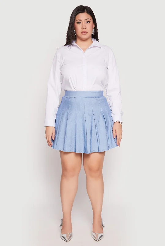 Plus Size Denim High Waisted Pleated Skirt