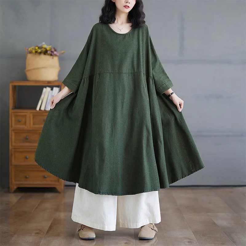 Denim dress with front pleat design--Babakud Women Autumn Retro Spliced A- Line Denim Dress Denim dress with front pleat design--Babakud Women Autumn Retro Spliced A- Line Denim Dress