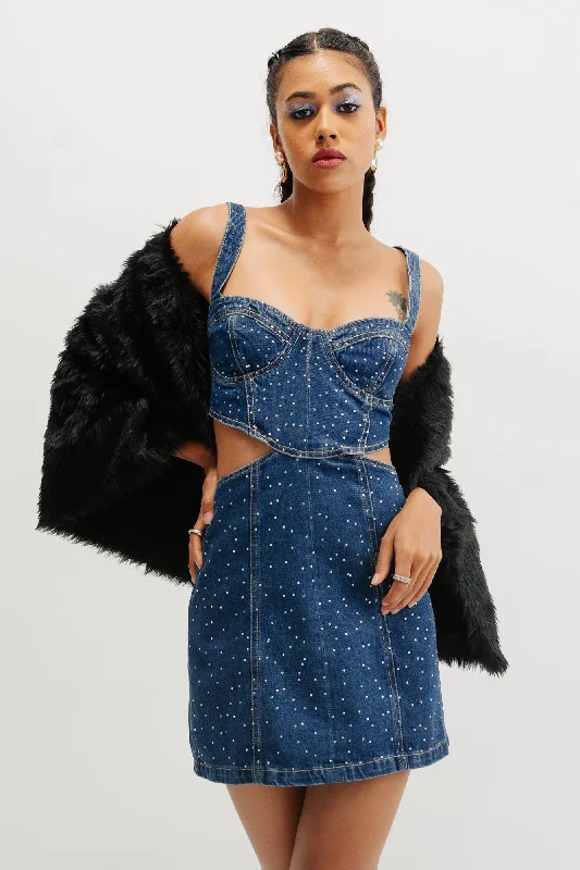 Light wash denim dress with button details--Embellished Cut Out Indigo Denim Dress