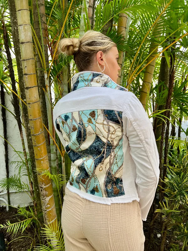 Best denim jackets for layering -The White Demin Jacket / Teal and Tassels