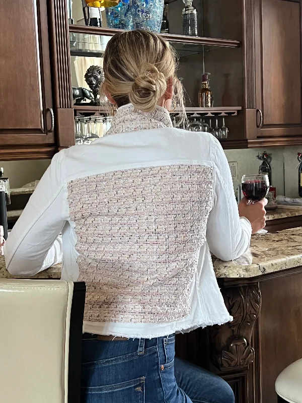Denim coats for travel and outdoor activities -The White Denim Jacket / Tweed Light Pink Denim coats for travel and outdoor activities -The White Denim Jacket / Tweed Light Pink
