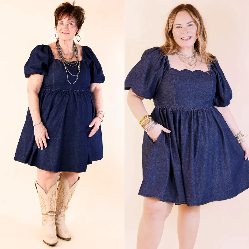 Petite-friendly cropped denim dresses--Southern Belle Short Puff Sleeve Denim Dress with Scalloped Square Neckline in Dark Wash
