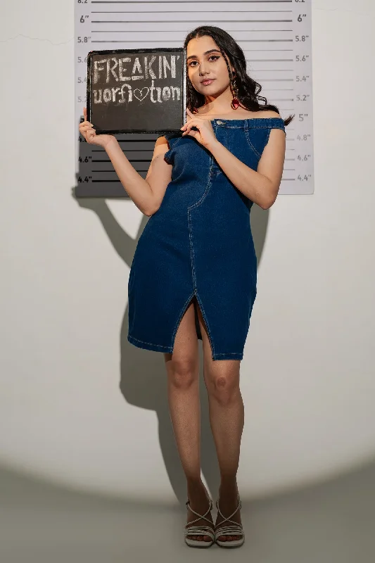 Vintage-inspired denim dress with lace trim--Belted Shoulder Denim Dress