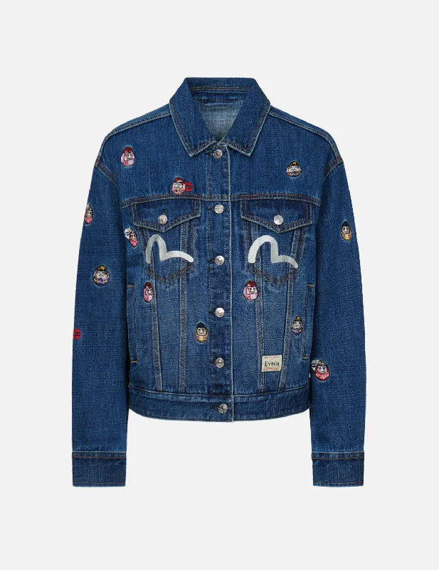 Denim coats with smart technology integration -Allover Daruma Embroidered Denim Jacket Denim coats with smart technology integration -Allover Daruma Embroidered Denim Jacket
