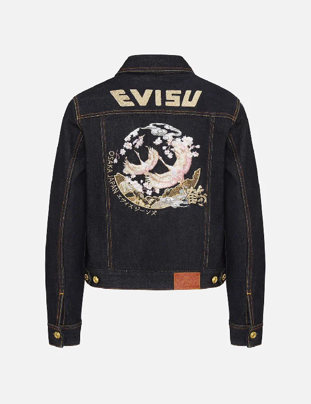 Denim coats for special occasions -Crane Graphic Embroidered Denim Jacket