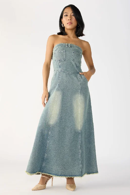 Denim dress with front button placket--Steel Blue Panelled Denim Dress