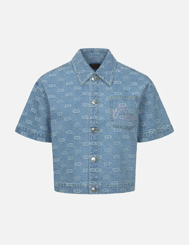Denim coats with unique embroidery -Allover Logo Jacquard and Rhinestone Seagull Fashion Fit Denim Shirt Denim coats with unique embroidery -Allover Logo Jacquard and Rhinestone Seagull Fashion Fit Denim Shirt